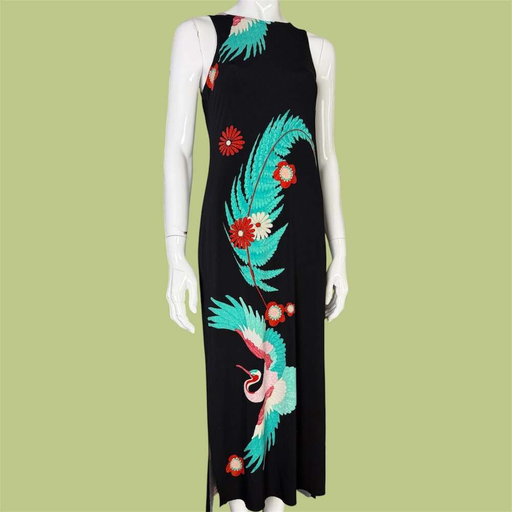 Vintage Eva Varro Slinky Floral Crane Japanese Inspired Maxi Dress - Picture 1 of 3